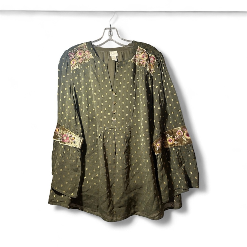 Chico's Olive Green Blouse with‎ Gold Accents